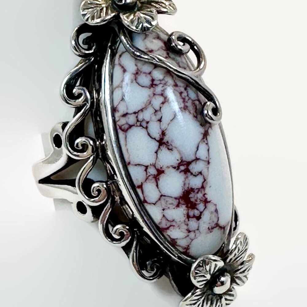 Statement Ring, Wild Horse Turquoise, Sterling Silver, Magnesite, Flowers - Picture 3 of 7